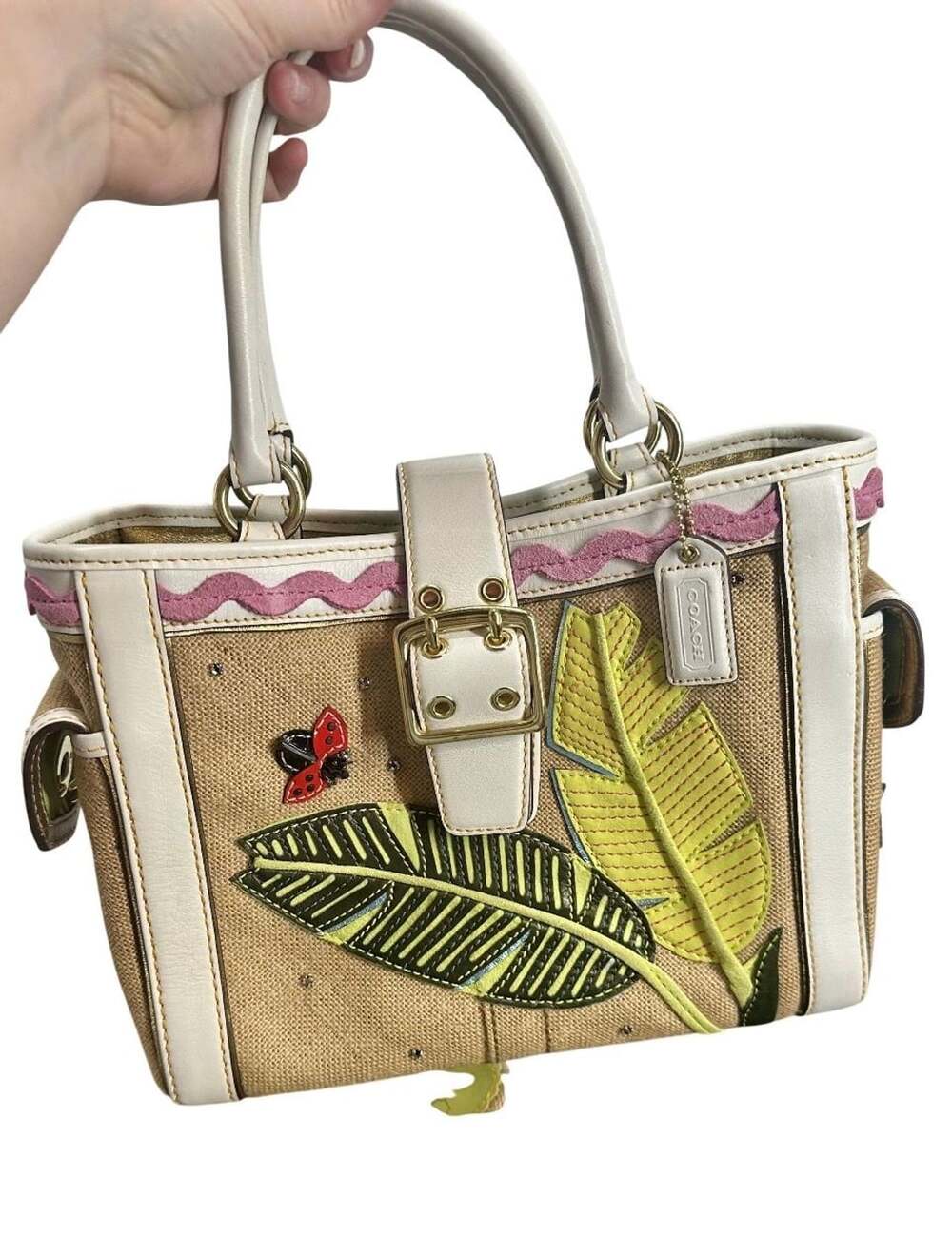 Coach Hamptons Straw Leaf Ladybug Tote Bag